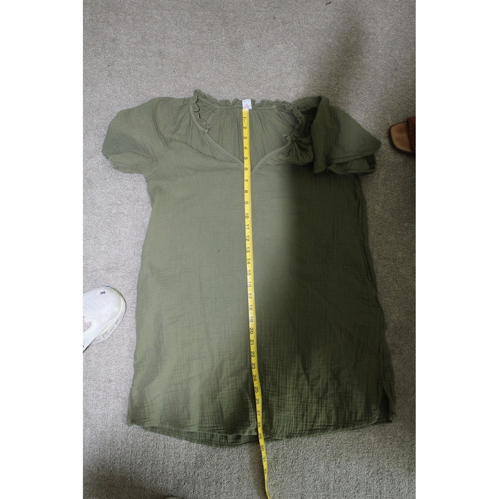Old Navy Womens XS Olive Green Cotton Gauze Ruffle Neck Pockets Shift Mini Dress - Picture 6 of 9